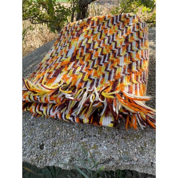 Vintage 1970s Crochet Afghan ZigZag pattern Fringe Orange Brown - Picture 6 of 16